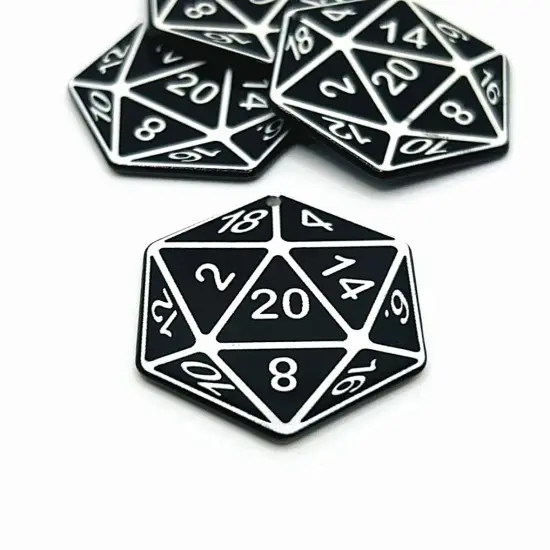 1, 4 or 20 Pieces: Black and White 20 Sided Dice Pendant, D20, Gamer, Acrylic Charm - Double Sided {4}