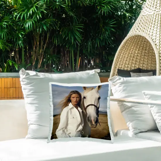 Equestrian Girl & White Horse Outdoor Printed Pillow Design by RB, 18 x 7 x 18 {2}