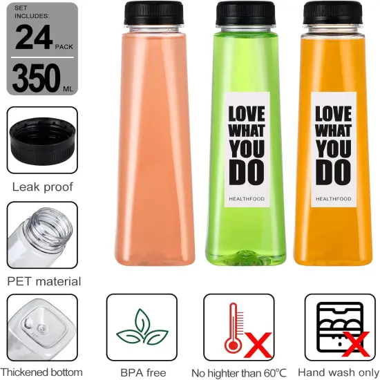 24 Pack 12oz Empty PET Plastic Juice Bottles with Leak-Proof Caps Lids {2}