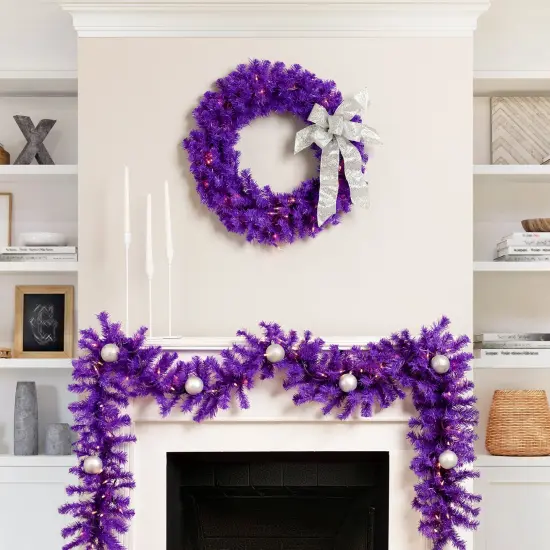 Northlight Pre-Lit Artificial Pine Christmas Wreath - 24" - Purple - Clear Lights {4}