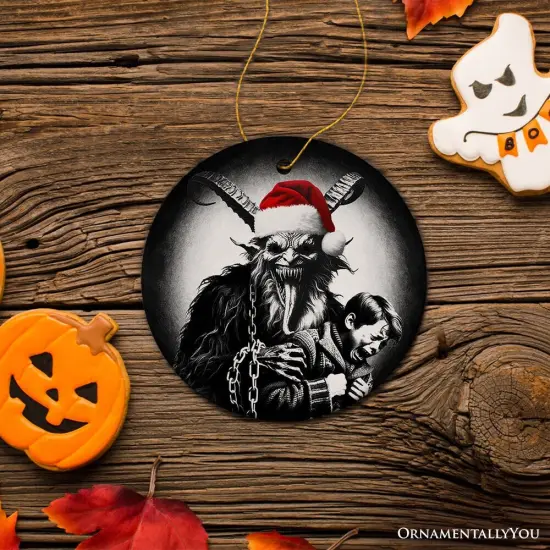 Horrifying Krampus With Santa Hat Ceramic Ornament, Keepsake For Unique Halloween Tree Christmas Decor {1}
