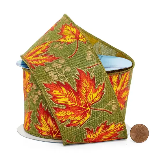 Fall Leaves on Natural Wired Ribbon 2.5" x 10 yd {5}