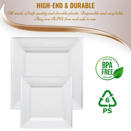 White with Silver Square Edge Rim Plastic Dinner Plates - 9.5" (120 Plates) {5}