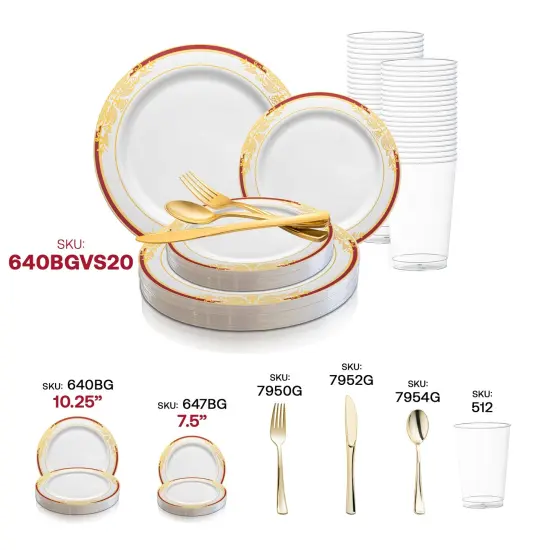 White with Burgundy and Gold Harmony Rim Plastic Wedding Value Set (120 Settings) {5}