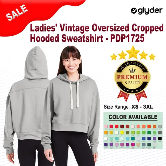 Glyder &reg; Ladies Vintage Oversized Cropped Hooded Sweatshirt BLACK {2}