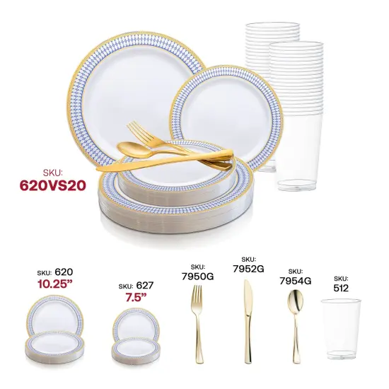 White with Blue and Gold Chord Rim Plastic Wedding Value Set (120 Settings) {5}
