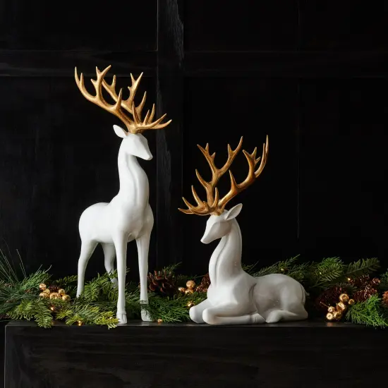 Melrose Deer with Antler Christmas Tabletop Figurines - 13" - White and Gold - Set of 2 {3}