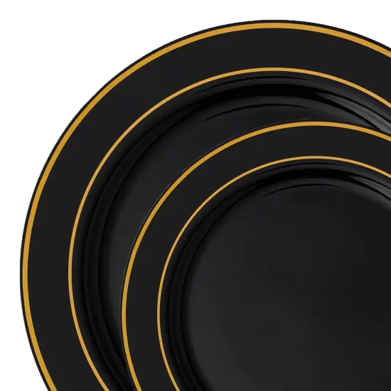 Black with Gold Edge Rim Plastic Dinnerware Value Set (120 Guests) {1}