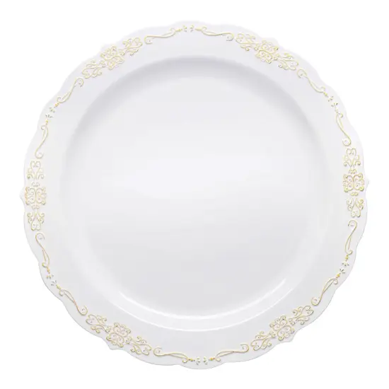 White with Gold Vintage Rim Round Disposable Plastic Appetizer/Salad Plates - 7.5" (120 Plates) {2}