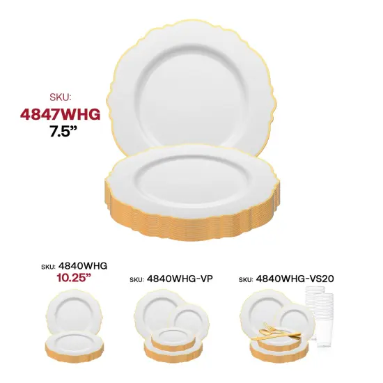 White with Gold Rim Round Blossom Disposable Plastic Appetizer/Salad Plates - 7.5" (120 Plates) {6}