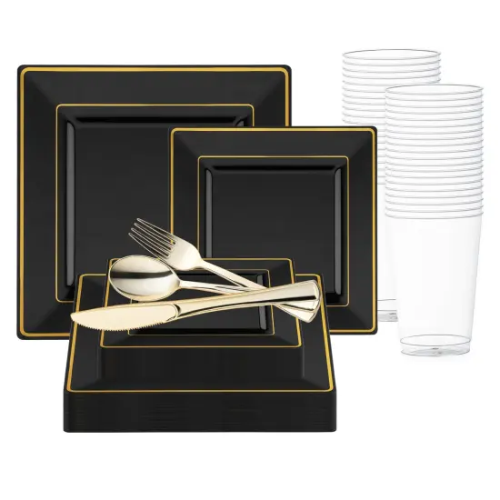 Black with Gold Square Edge Rim Plastic Wedding Value Set (20 Settings) {1}