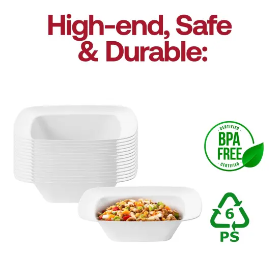 Solid White Rounded Square Disposable Plastic Dessert Bowls - 5 oz. (120 Bowls) {4}