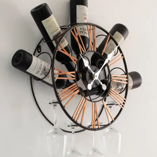 Vintiquewise Wall-Mounted Clock Design Wine Holder with Stemware Rack - Unique Shelf for Champagne, White & Red Wine Organizer with 4 Glass Holders, Wine Bottle Display for Home, Kitchen and Bar Decor {3}