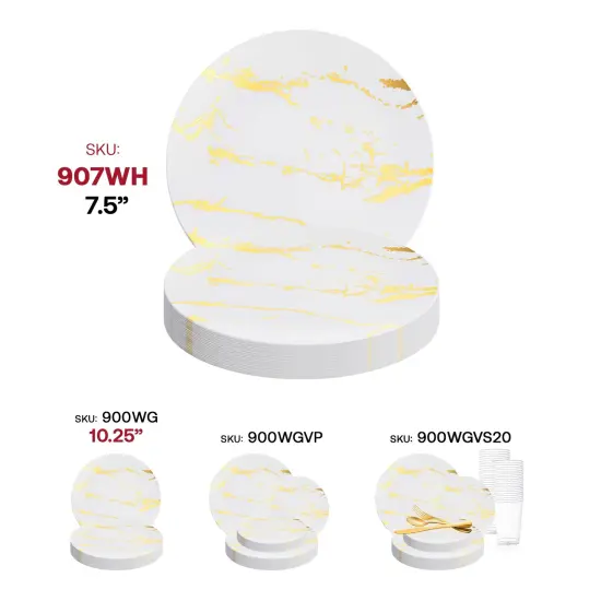White with Gold Marble Stroke Round Disposable Plastic Appetizer/Salad Plates - 7.5" (120 Plates) {6}