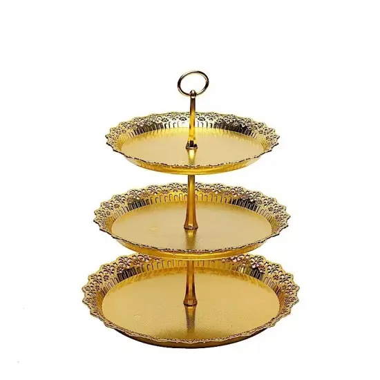 15" Metallic Gold 3 Tier Plastic Cupcake Stand Round Tower Lace Cut Trim Party {1}