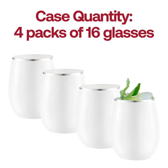 White with Silver Elegant Stemless Plastic Wine Glasses - 12 oz. (64 Glasses) {5}