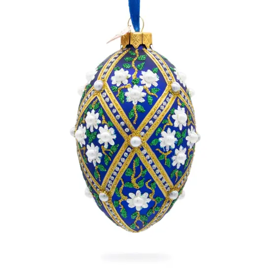 White Pearl Flowers on Blue Glass Egg Ornament 4 Inches {1}