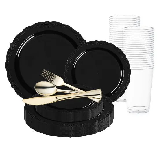 Black Vintage Rim Round Disposable Plastic Wedding Value Set (20 Settings) {1}