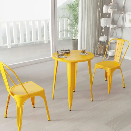 Merrick Lane Calgary 24" Round Metal Table for Indoor and Outdoor Use Yellow {1}