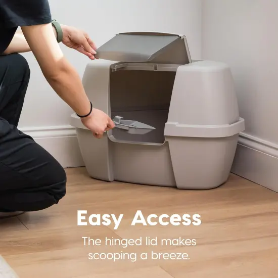 IRIS USA Large Hooded Corner Cat Litter Box with Scoop Gray {3}