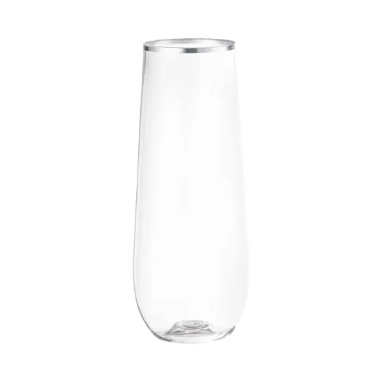Clear with Silver Stemless Plastic Champagne Flutes - 9 oz. (64 Glasses) {1}