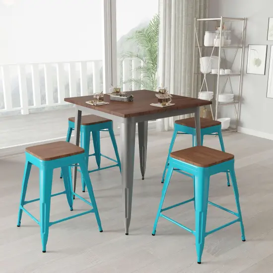 Merrick Lane Brooklyn 24 Inch Tall Stackable Metal Bar Counter Stool With Textured Elm Wood Seat In Set Of 4 Gun Metal {7}