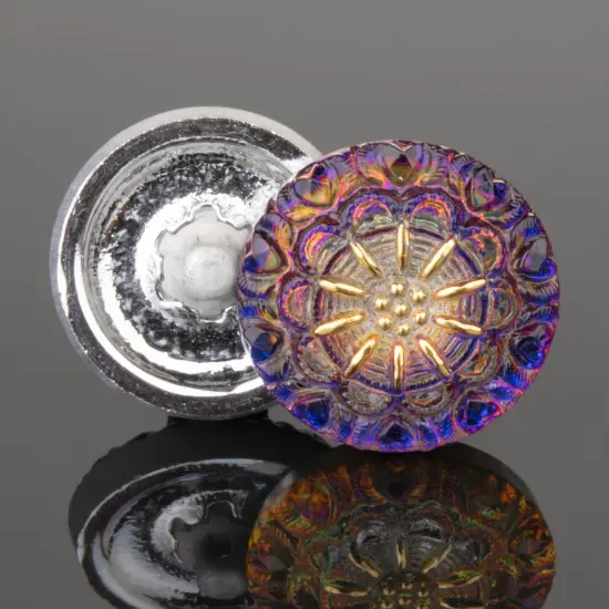 18mm Round Lacy Flower Blue Purple Iridescent with Gold Paint -- Czech Glass Buttons {2}