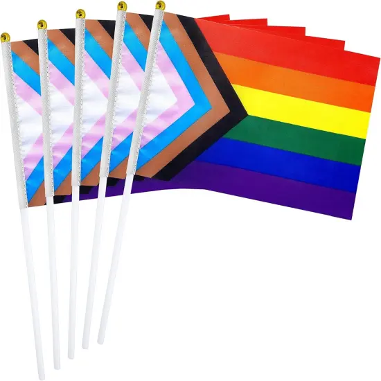 50 Pack Progress Pride Rainbow Stick Flag Small Mini Hand Held USA American LGBTQ Rainbow Gay Flags for Parades,Mardi Gras,Rainbow Party,8.2 x 5.5 inch {1}