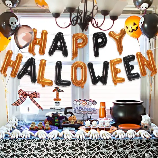 Happy Halloween Balloons Banner (Orange and Black) {5}