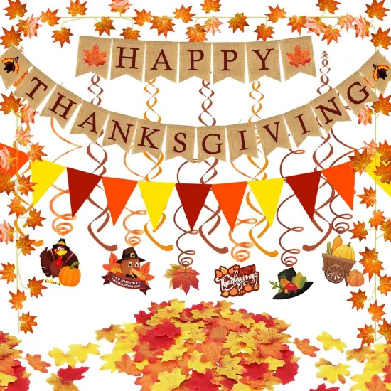 Happy Thanksgiving Burlap Banner (Red, Orange, Yellow, Brown) {1}