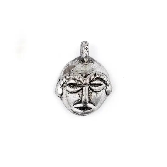 The Bead Chest Round African Silver Mask Pendant (21x27mm): Genuine West African Mask Design for DIY Jewelry & Necklaces {1}
