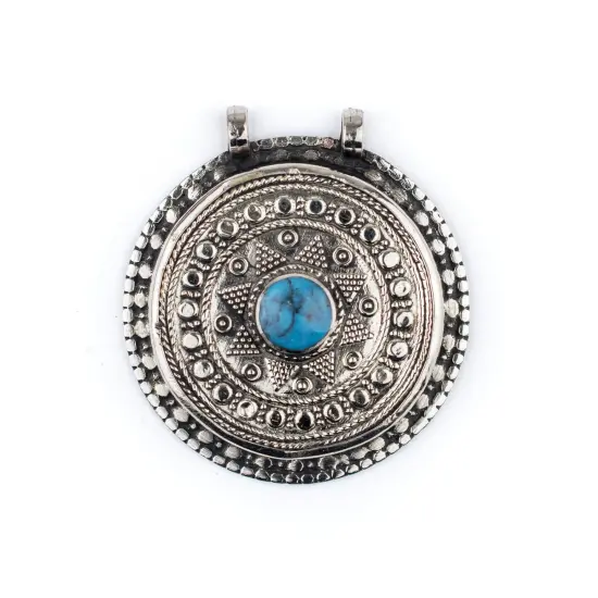 The Bead Chest Turquoise-Inlaid Afghan Tribal Pendant (42x46mm) {1}