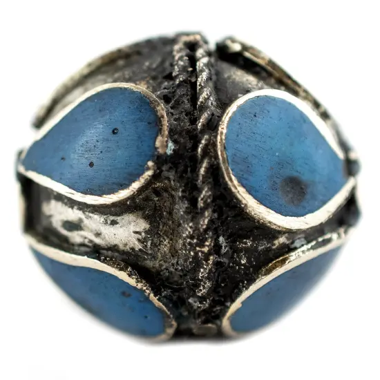 The Bead Chest Turquoise-Inlaid Afghan Tribal Silver Bead (25mm): Genuine Inlaid Metal Bead Pendant for DIY Jewelry {3}