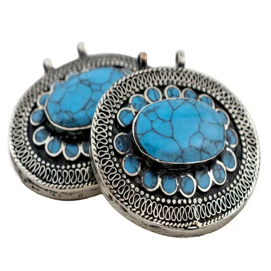 The Bead Chest Turquoise Blue Oval Inlaid Afghan Silver Pendant 58x51mm Afghanistan White Metal Large Hole {3}