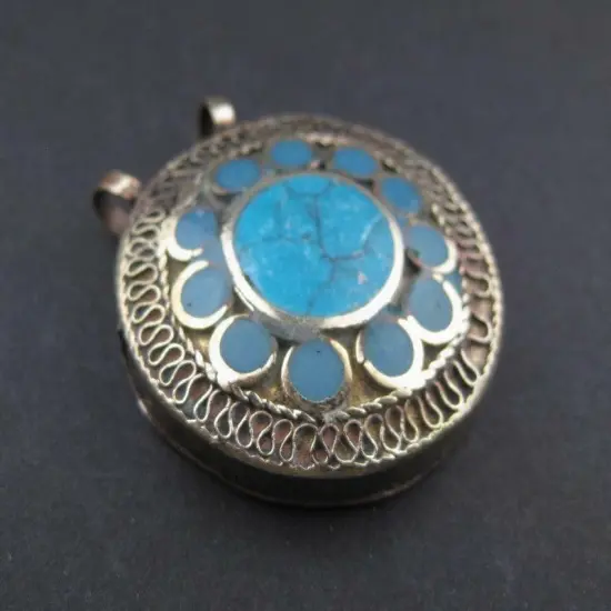 The Bead Chest Turquoise Blue Inlaid Afghan Silver Pendant Afghanistan White Metal Large Hole {5}