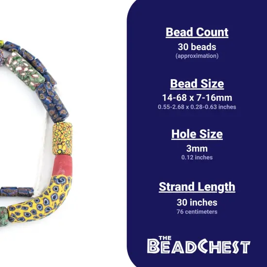 The Bead Chest Venetian-Inspired Millefiori Trade Beads 12mm Indonesia Multicolor Cylinder Glass Large Hole 30 Inch Strand {5}
