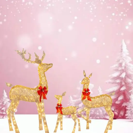 Elegant Champagne Rattan Deer Trio for Holiday Lawn and Entryway Displays 63" + 52" + 37" {4}