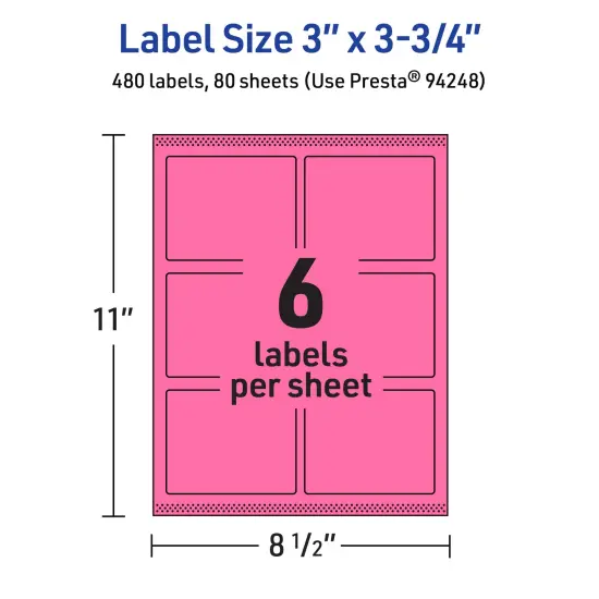 Avery Bright Pink Paper Labels, 3" x 3.75" Rectangle {5}