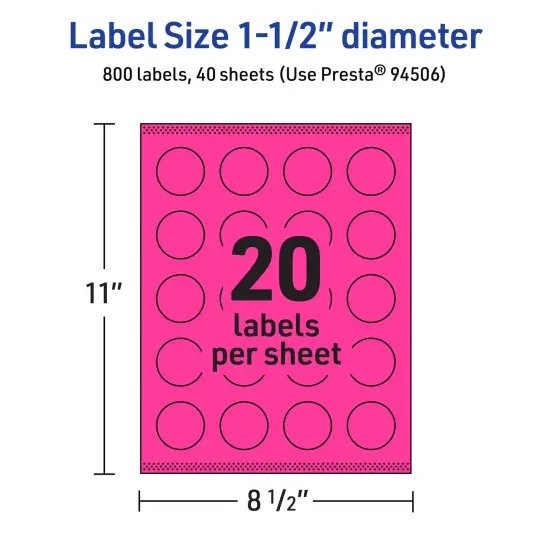 Avery Neon Magenta Paper Labels, 1.5" Diameter Round {5}