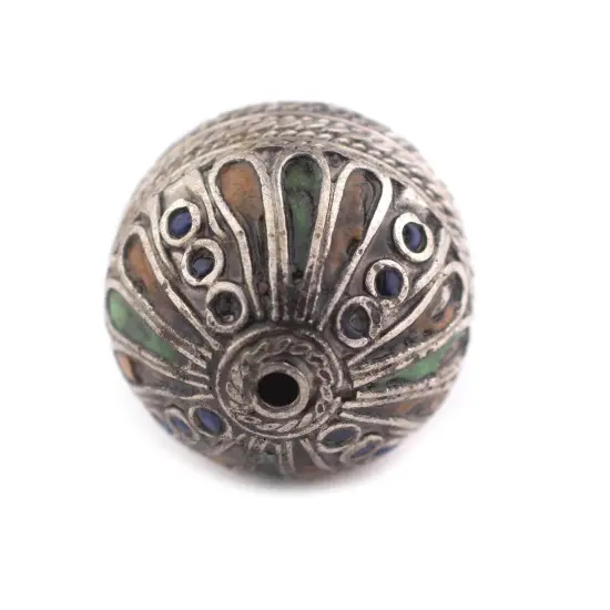 The Bead Chest Extra Fancy Silver Enamel Berber Bicone Bead Pendant 29mm Morocco African Multicolor White Metal Large Hole Handmade {5}