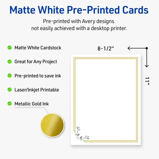 Avery Printable Full-Sheet Cardstock, Gold Double Border with Florals, 8.5" x 11", Matte White Full-Sheet Cardstock, Laser/Inkjet, 10ct, Great for Craft Cardstock Paper {2}
