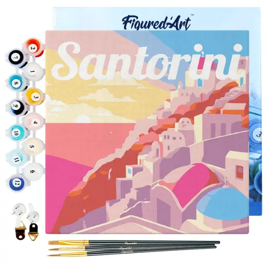Figured'Art Mini Paint by Numbers Kit for Adults with Frame Travel Poster Santorini Sunset Small format 8"x8" - Craft Art Painting DIY Canvas Already Stretched on a Wooden Frame {1}