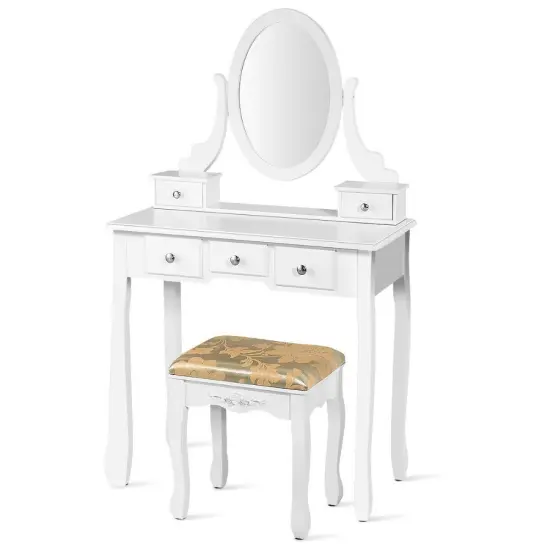 Vanity Make Up Table Set Dressing Table Set with 5 Drawers White {1}