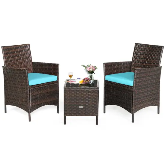 3 Pieces Patio Rattan Furniture Set Cushioned Sofa and Glass Tabletop Deck Red {8}
