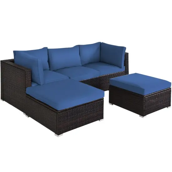 5 Pieces Patio Sectional Rattan Furniture Set with Ottoman Table Red {11}