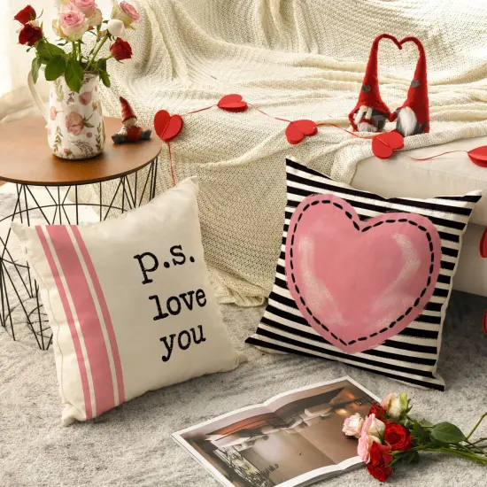 AVOIN colorlife Valentine's Day I Love You Throw Pillow Covers, 18 x 18 Inch Pink Valentine Heart Stripes p.s. Love You Wedding Cushion Case Decoration for Sofa Couch Set of 4 {5}