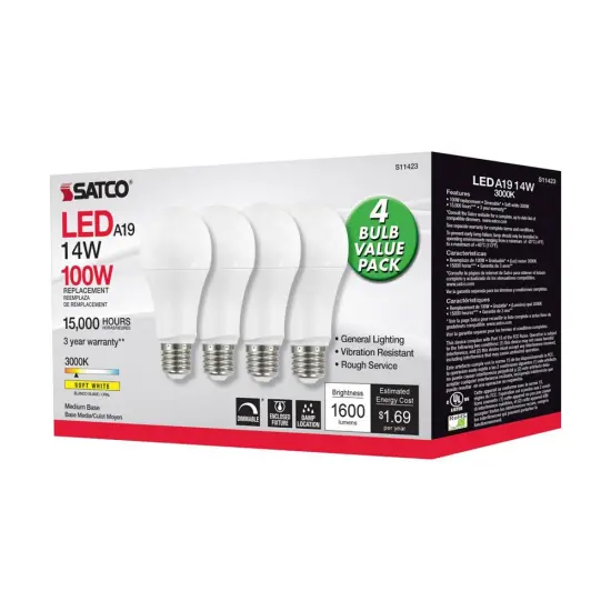 4Pk - Satco 14w 120v A19 LED E26 Base 1600L 3000k Soft White - 100W Equiv {1}