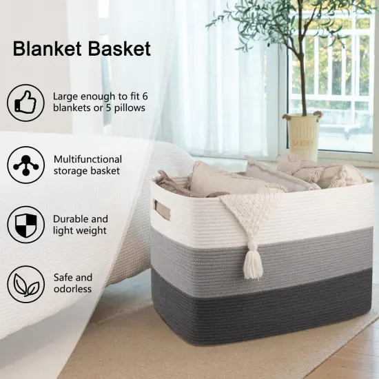 OIAHOMY 108L Super Large Blanket Basket, 25&rdquo;x16&rdquo;x16&rdquo; Rectangle Woven Baskets for Storage, Cotton Rope Basket For Living Room, Toy Storage with Handle- Gradient Dark Grey {3}