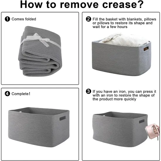 XXLarge Rectangle Blanket Basket-96L, Cotton Woven Basket for Storage, Dirty Clothes Basket for Living Room, Nursery, Bedroom, Toy Organizing with Handle, 24" x 16" x 15", Dark Grey {4}