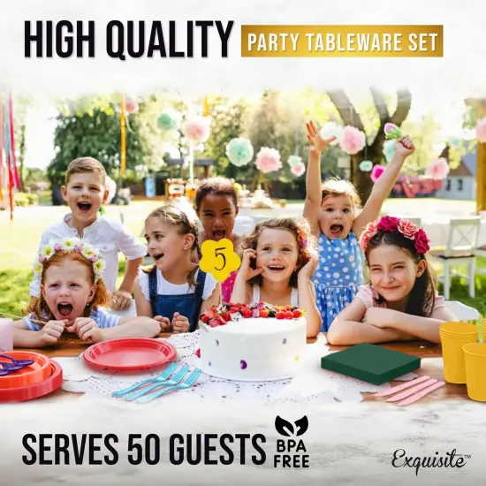 Exquisite 350 Pcs Plastic Plates for Party &ndash; Disposable Plates Set &ndash; 50 Each of 9" Dinner Plates, 7" Dessert Plates, Plastic Cups, Napkins & Plastic Cutlery &ndash; Plastic Dinnerware by Party Solids Rainbow {6}